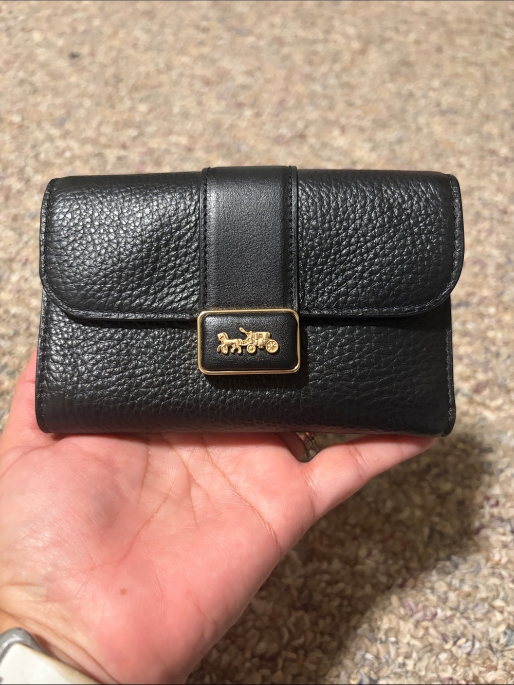 Coach Grace Black Pebbled Leather Wallet with Gold Horse & Carriage Accent